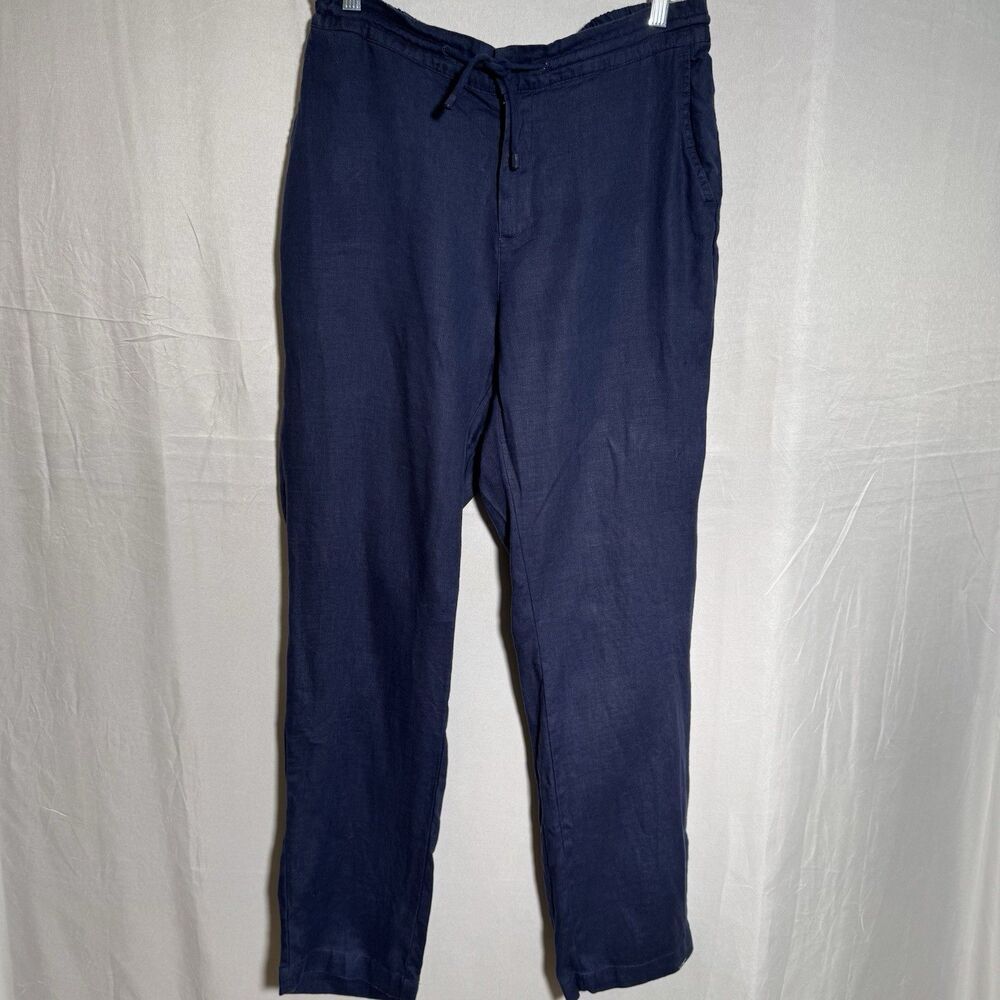 HIHO Linen Pants Women Medium Blue Elastic Waist Drawstring Beach Resort